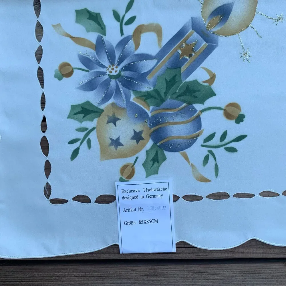 Vintage German Cream Square Christmas Candles Tablecloth Topper  33” X 33”